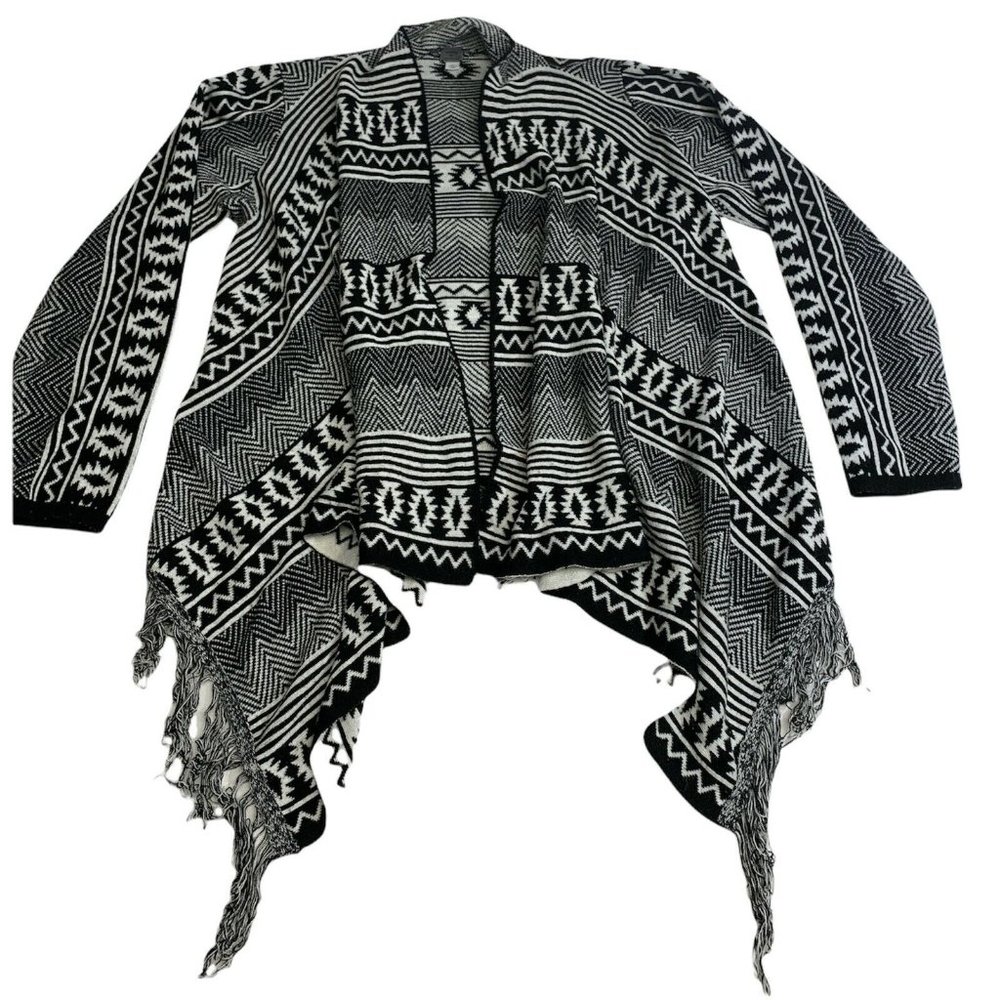 POOF Woman Aztec Print fringe cardigan black and white size L Geometric Tribal